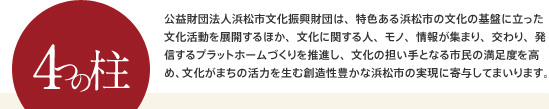 公益財団法人浜松市文化振興財団は、特色ある浜松市の文化の基盤に立った文化活動を展開するほか、文化に関する人、モノ、情報が集まり、交わり、発信するプラットホームづくりを推進し、文化の担い手となる市民の満足度を高め、文化がまちの活力を生む創造性豊かな浜松市の実現に寄与してまいります。